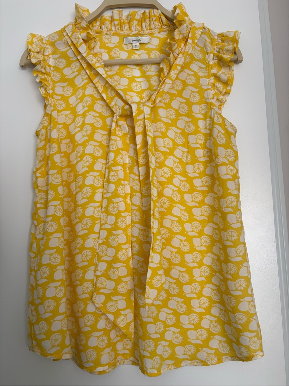 Yellow Lemon-Print Ruffle Tie-Neck Sleeveless Top